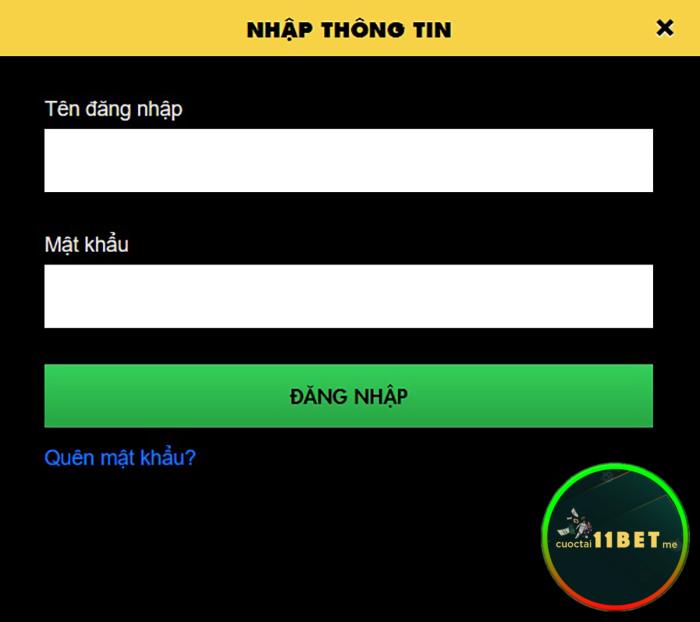 Điền thông tin đăng nhập 11bet tại giao diện trang chủ