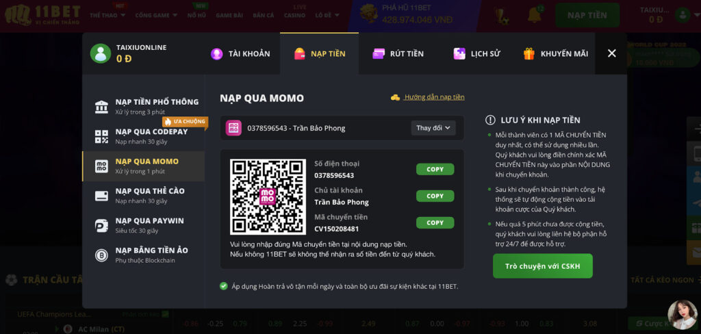 Nạp tiền 11Bet qua Momo