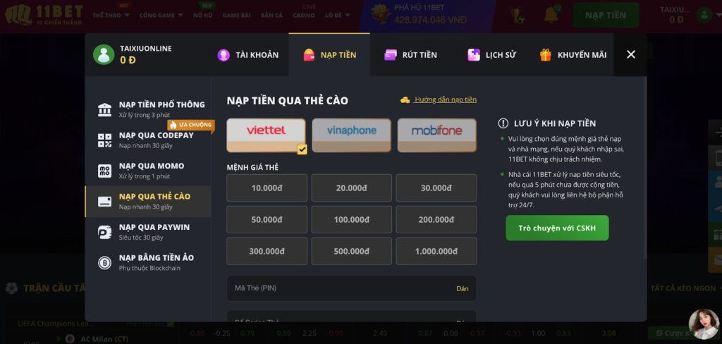 Nạp tiền 11Bet qua thẻ cào