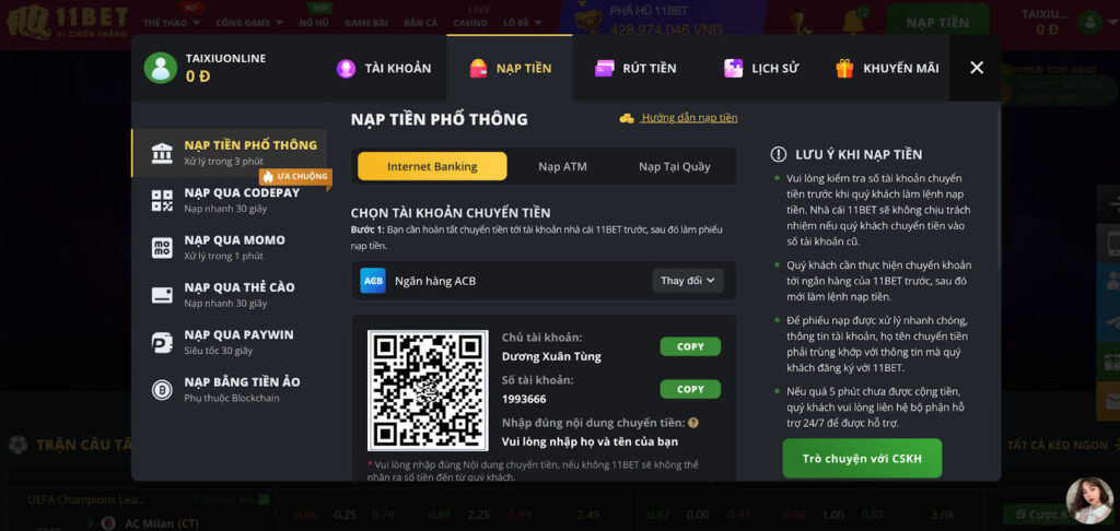 Nạp tiền Internet banking