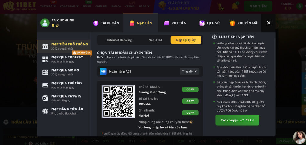 Nạp tiền tại quầy