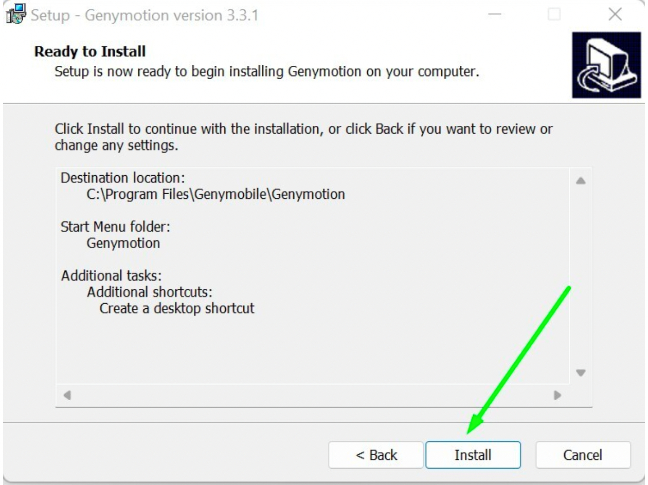 Bấm chọn Install để kết thúc quy trình cài đặt phần mềm Genymotions